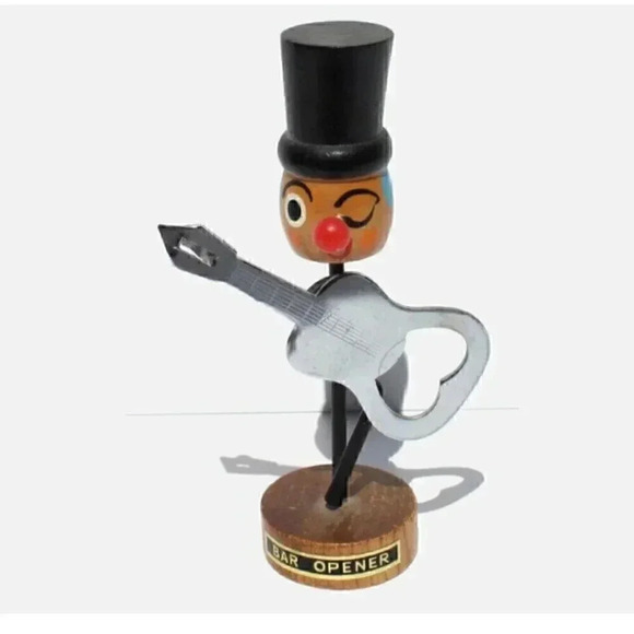 Vtg Johnny Guitar 1950s Mid Century Modern Wood Figurine Metal Bottle Opener - Picture 1 of 2
